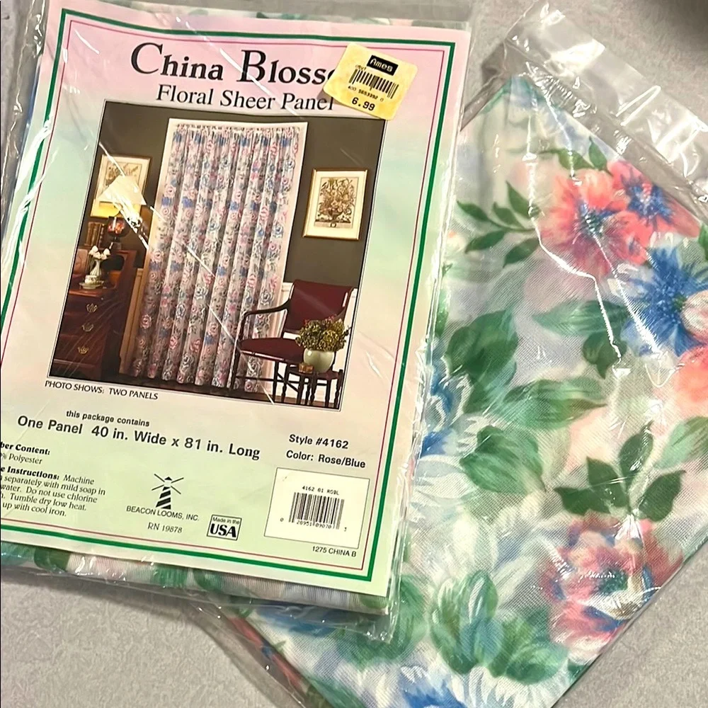 Floral Panel Curtain, Rose & Blue, 2 panels - vintage, NWT, sheers, 40x81, 80s